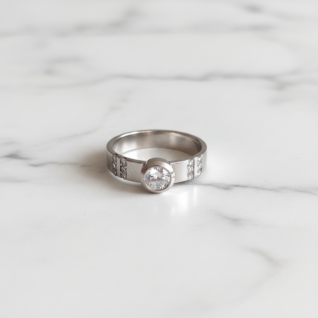 Anillo solitario con circonita sobre mármol blanco