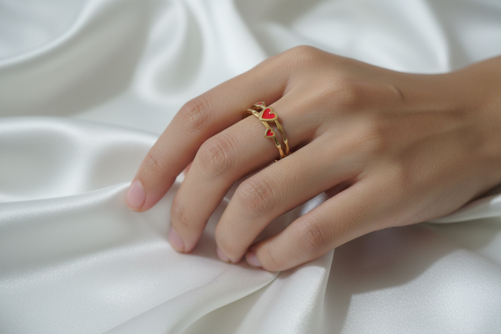 Anillo dorado corazones rojos en mano delicada