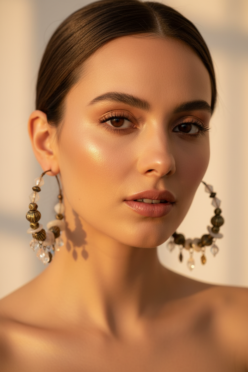 Caravanas bronce y perlas - rostro iluminado