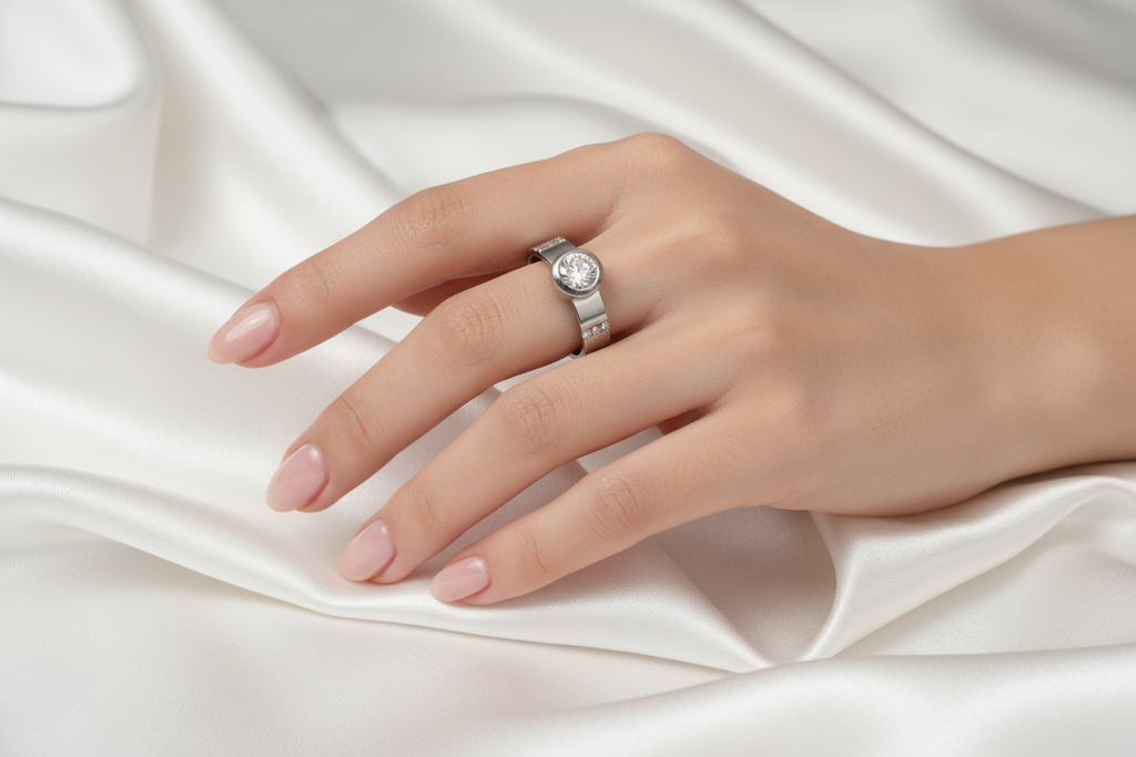 Anillo solitario con circonita en mano delicada