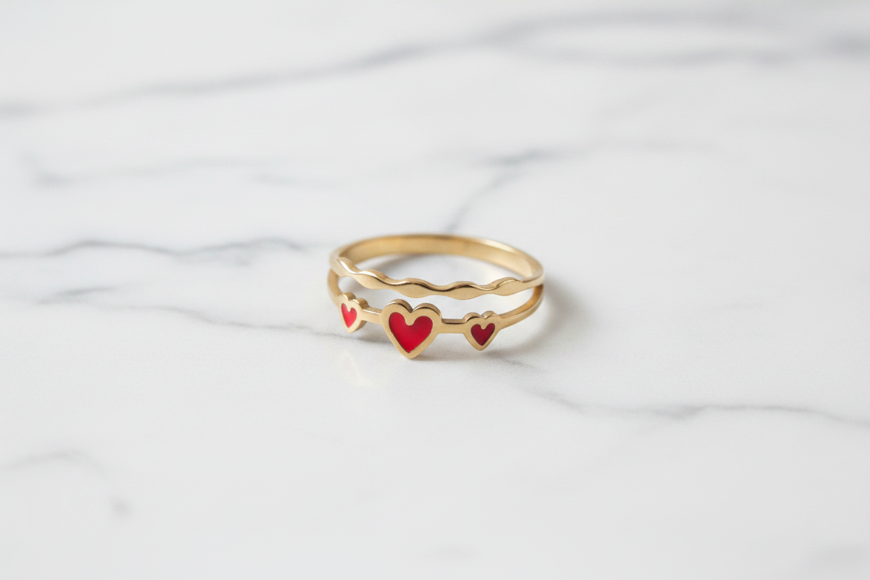 Anillo dorado corazones rojos sobre mármol